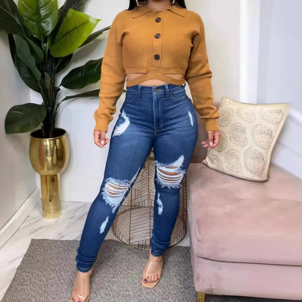 Jeans Women Hole Denim Pencil Pants Ripped Distressed Washed Stretch Mom High Waist Straight Ankle Length Trousers Streetwear Aviola