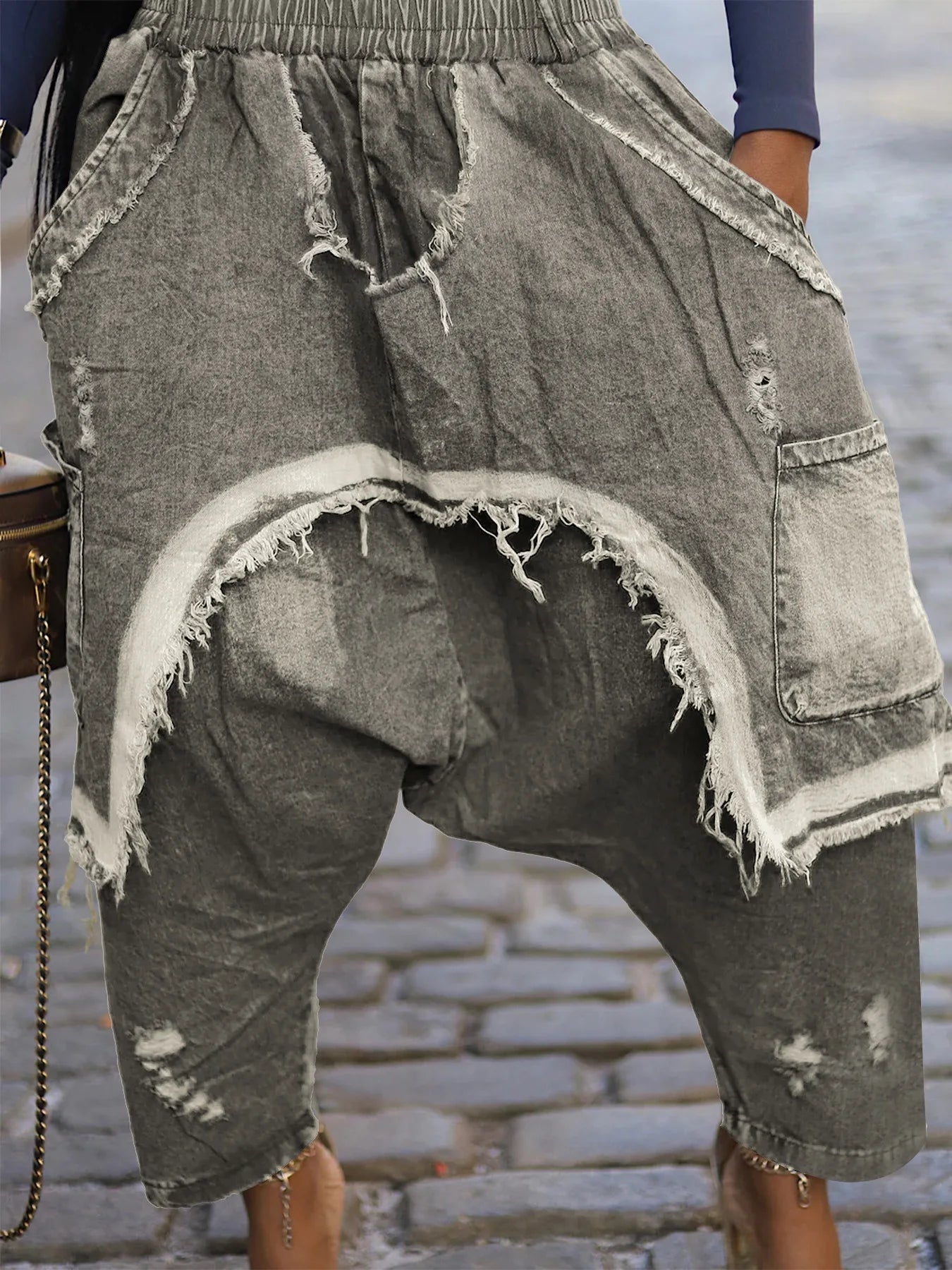 Jeans Women Harem Pants Hole Elastic Waist Tassels Washed Denim Pants Punk Y2k Streetwear 2025 Ripped Ankle Length Trousers Aviola