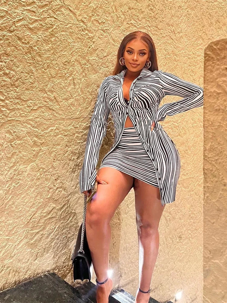 Nibber Autumn Two-piece set Women Fashion Pretty Full Sleeve Pleats Buttons Office Lady Top+Hip Skirt Striped Sexy Classic Suit Aviola