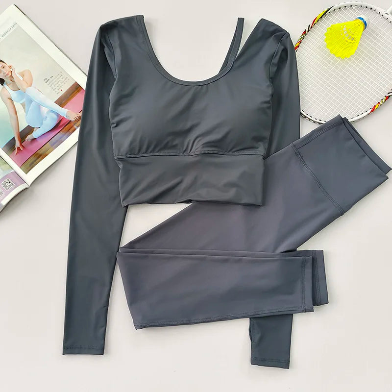 2pcs Women Yoga Set Sport Suit Gymwear Workout Clothes Long Sleeve Gym Crop Top High Waist Leggings Fitness Sports Set Yoga Wear Aviola