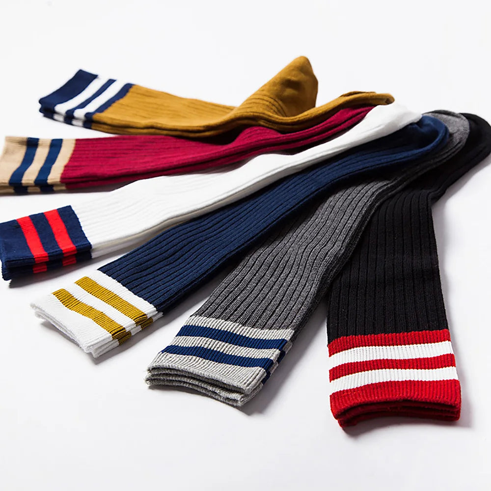 6 Pairs Students Stockings Stripe Pattern Children Sports Socks Solid Color Breathable Knee Stockings for 7-9 Years Old Aviola