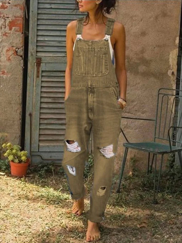 Women Jeans Overalls Holes Washing Denim Mid Waist Ankle Length Straight Pants One Piece Pockets High Street Casual Sports Aviola