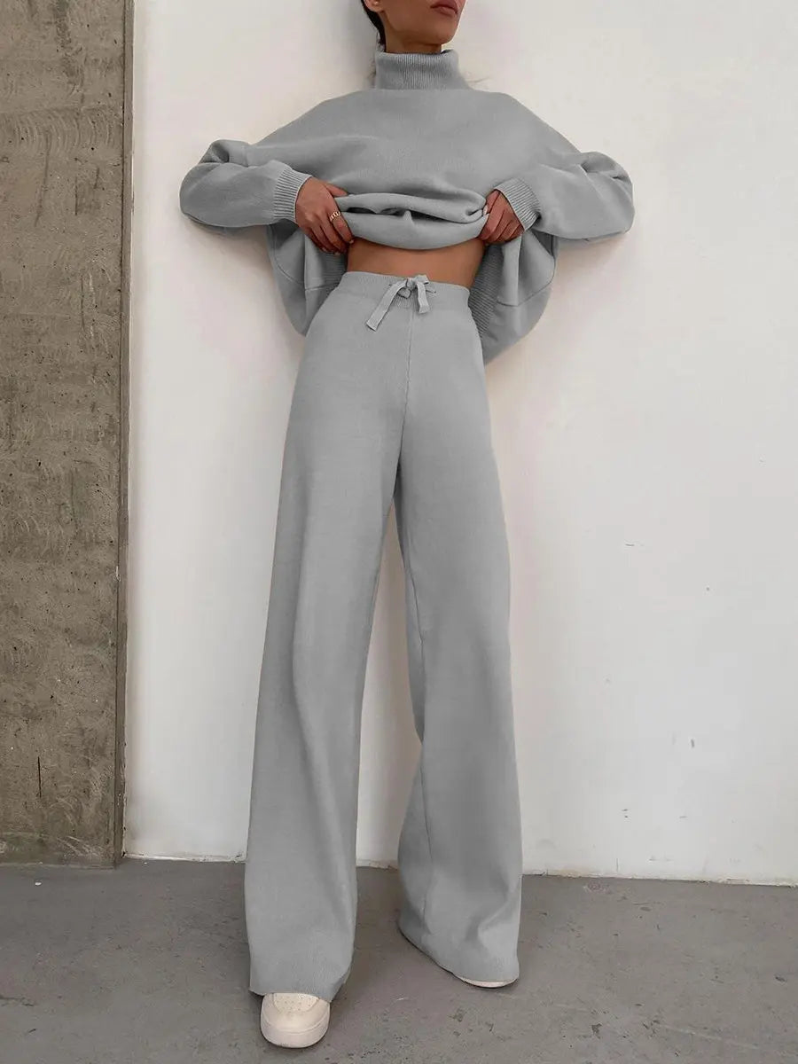 Women Tracksuit Two Pieces Set Long Sleeve Turtleneck Pullover Solid Color Hoodies Wide Leg Pants Drawstring Autumn Casual 2023 Aviola