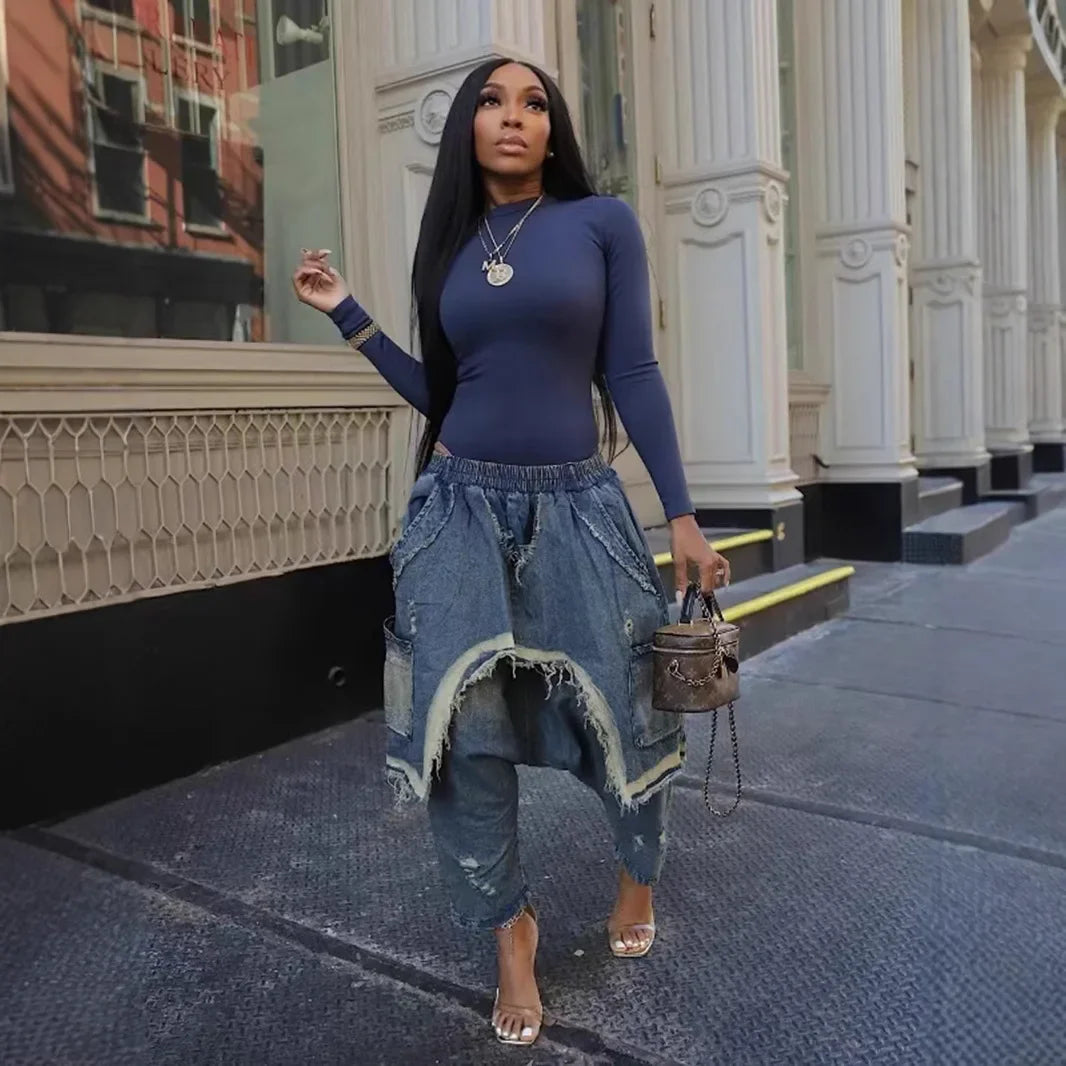 Jeans Women Harem Pants Hole Elastic Waist Tassels Washed Denim Pants Punk Y2k Streetwear 2025 Ripped Ankle Length Trousers Aviola