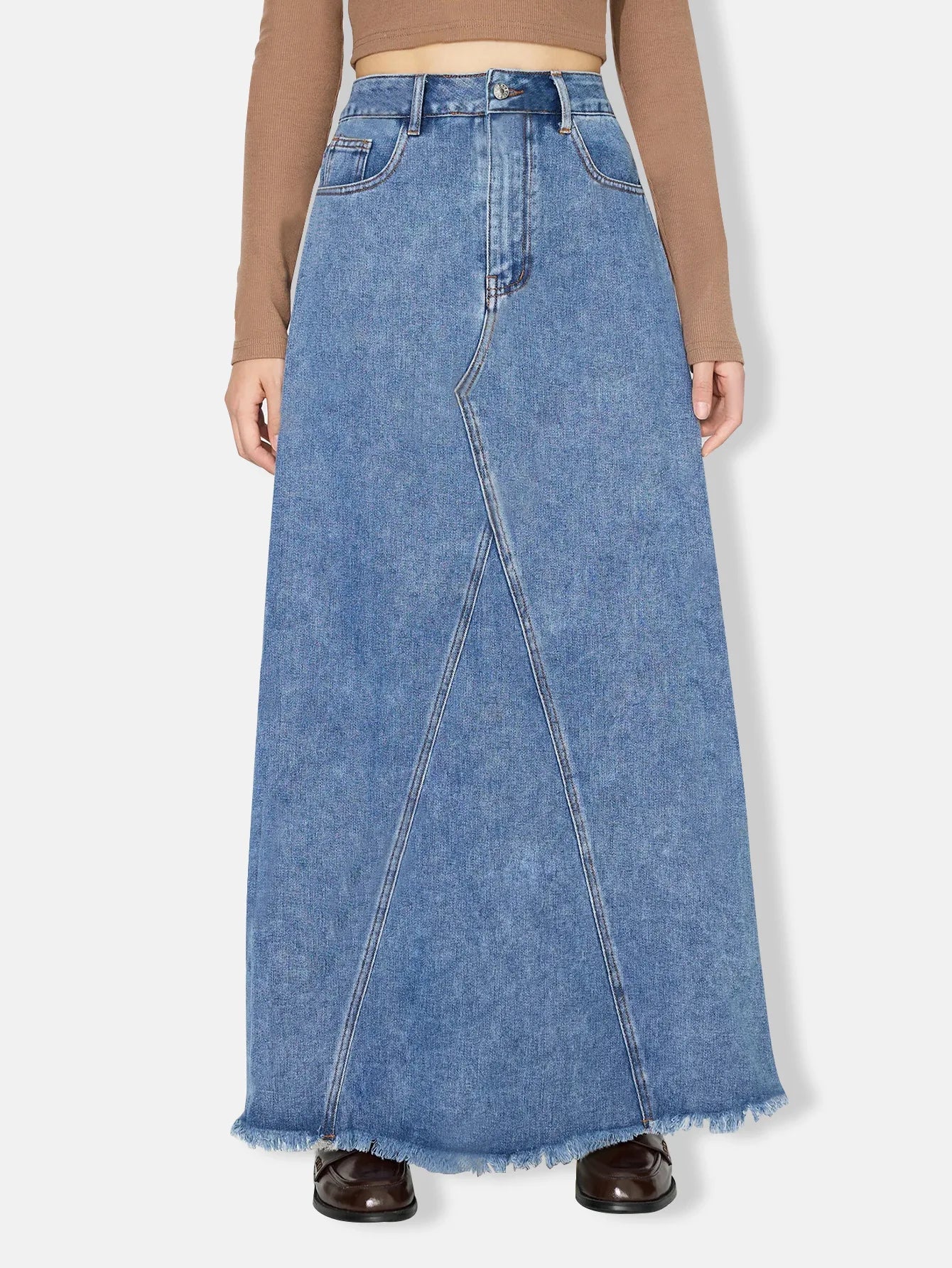 Denim Skirt Women Vintage Long Skirts High Waist Distressed Washed Button Pockets Summer Mom Jeans Y2k A Line Streetwear 2025 Aviola