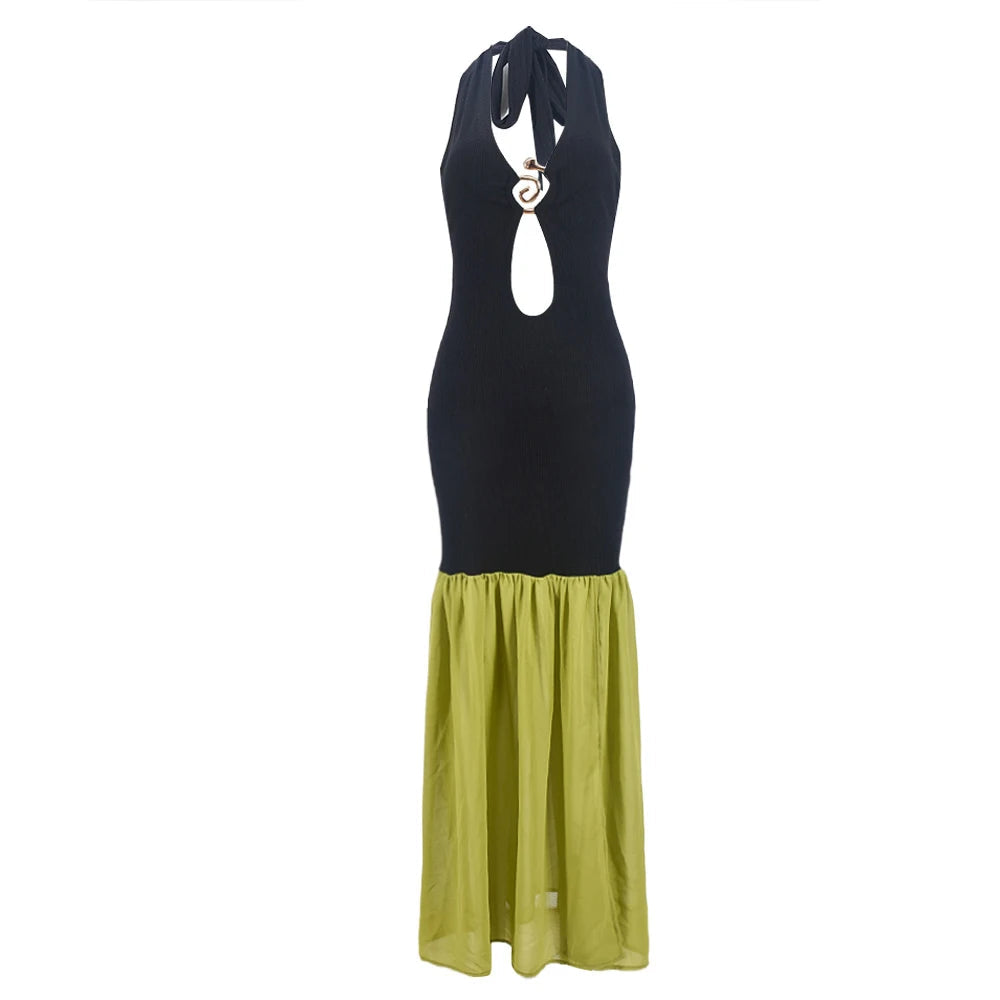 Nibber Patchwork Color-Blocking Women Dress Temperament Metal Trim Sleeveless Hollow Skinny Backless Splits Holiday Vestidos Aviola