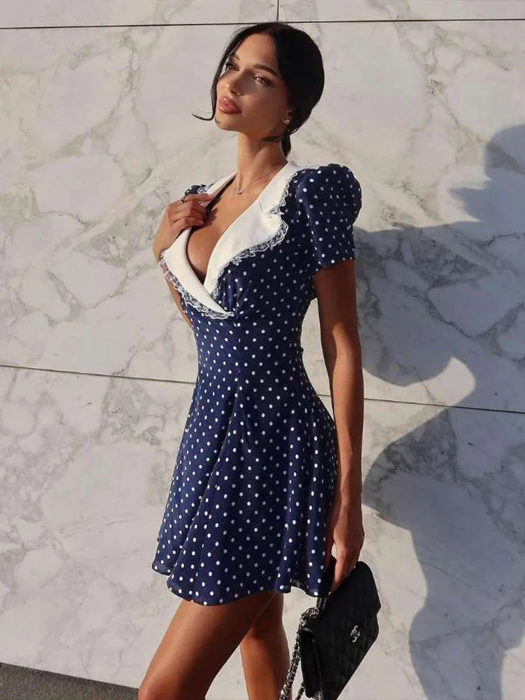Nibber Low-Neck Dress Women Floral Print Patchwork Lace Draps Puff Sleeves Elegant Temperament Sweet Summer Trend Party Bodycon Aviola