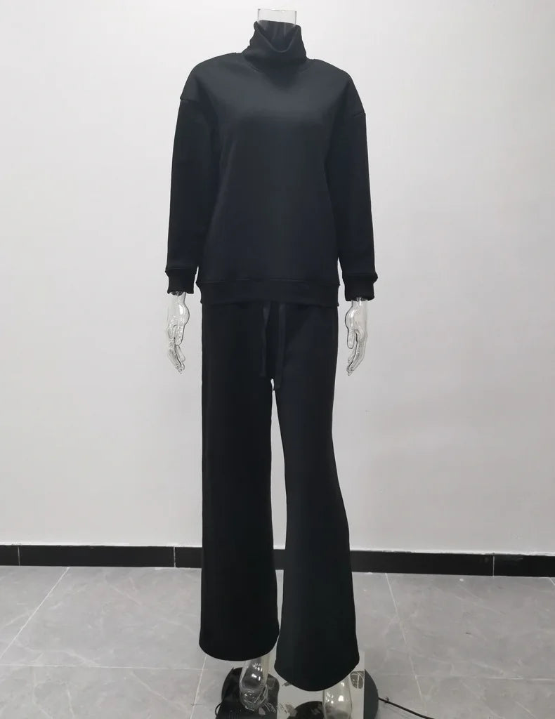 Women Tracksuit Two Pieces Set Long Sleeve Turtleneck Pullover Solid Color Hoodies Wide Leg Pants Drawstring Autumn Casual 2023 Aviola