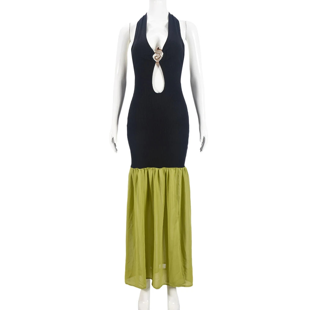 Nibber Patchwork Color-Blocking Women Dress Temperament Metal Trim Sleeveless Hollow Skinny Backless Splits Holiday Vestidos Aviola