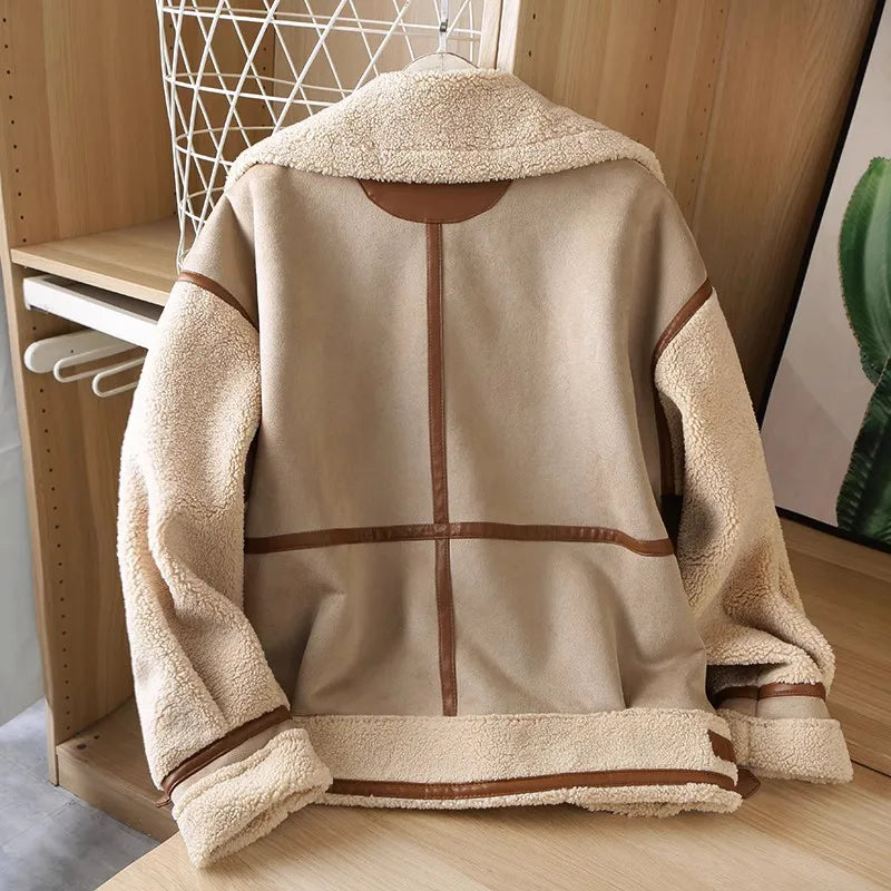 RARF 2025 Autumn Winter Women Warm Faux Fur Fleece Coat Jacket Female Loose Patchwork Thickened Locomotive Lapel Chic Outwear Aviola