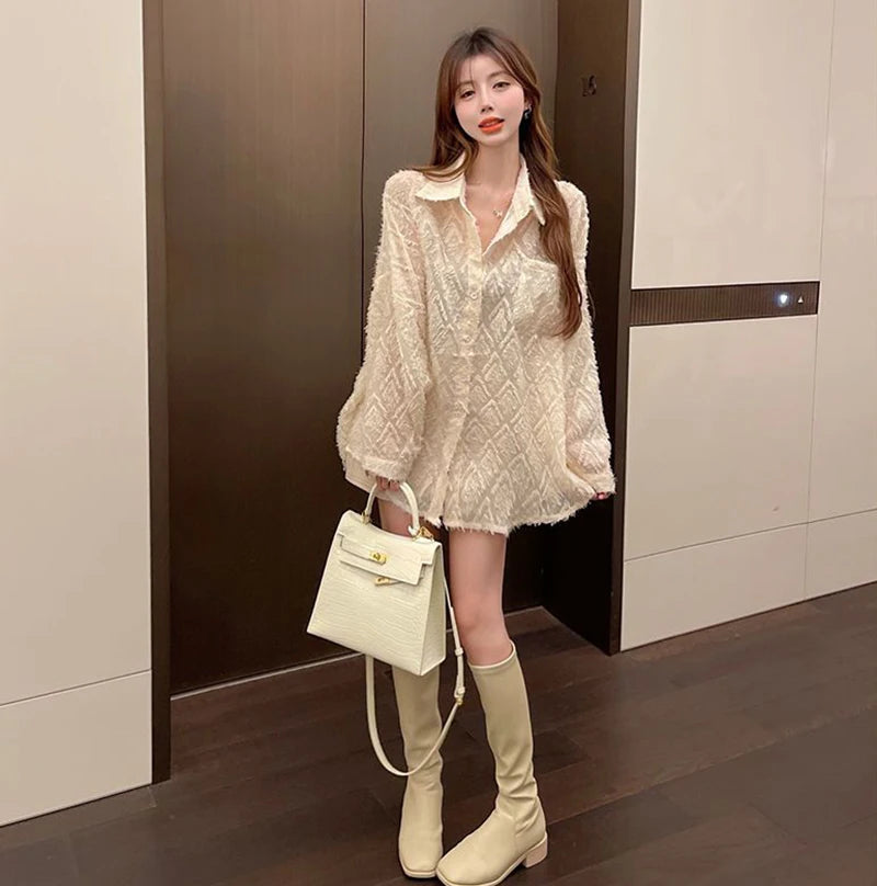 MEXZT Lace Blouses Women Sexy See Through Tassel Loose Sunscreen Shirts Summer Korean Sweet Elegant Casual Sun Protection Tops Aviola