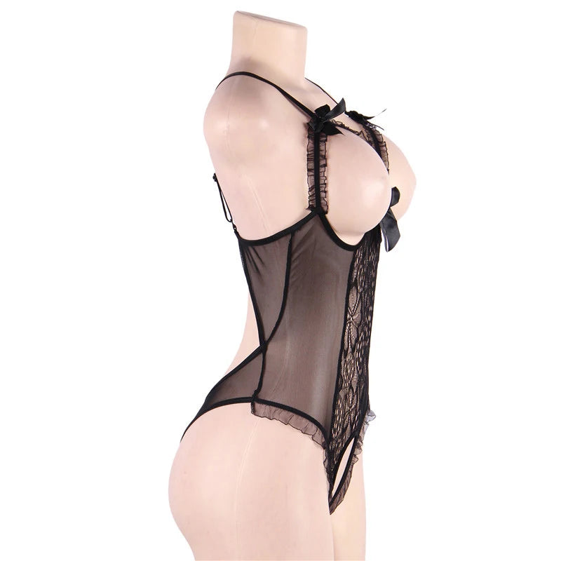 Women Porn Underwear Lace Hollow Open Bra Set Plus Size Sexy Costumes Deep V Neck Teddy Bodysuits Erotic Crotchless Lingerie Set Aviola