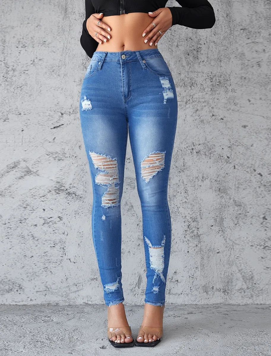 Ankle Length Ripped Hole High Waist Jean Sheath Pencil Denim Pants Skinny Solid Pockets Streetwear Distressed Vintage Slim Aviola