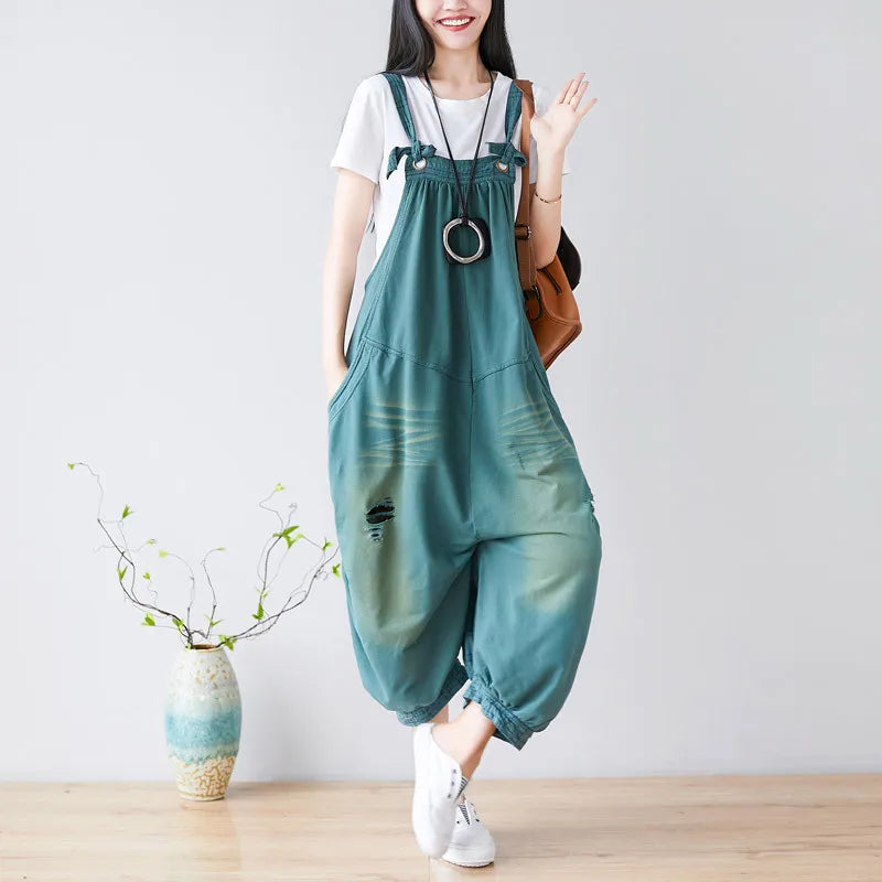 Jumpsuits Women Denim One Piece Suspenders Mom Jeans Overalls Hole Wide Leg Long Pants High Waist Work Y2k Streetwear Rompers Aviola