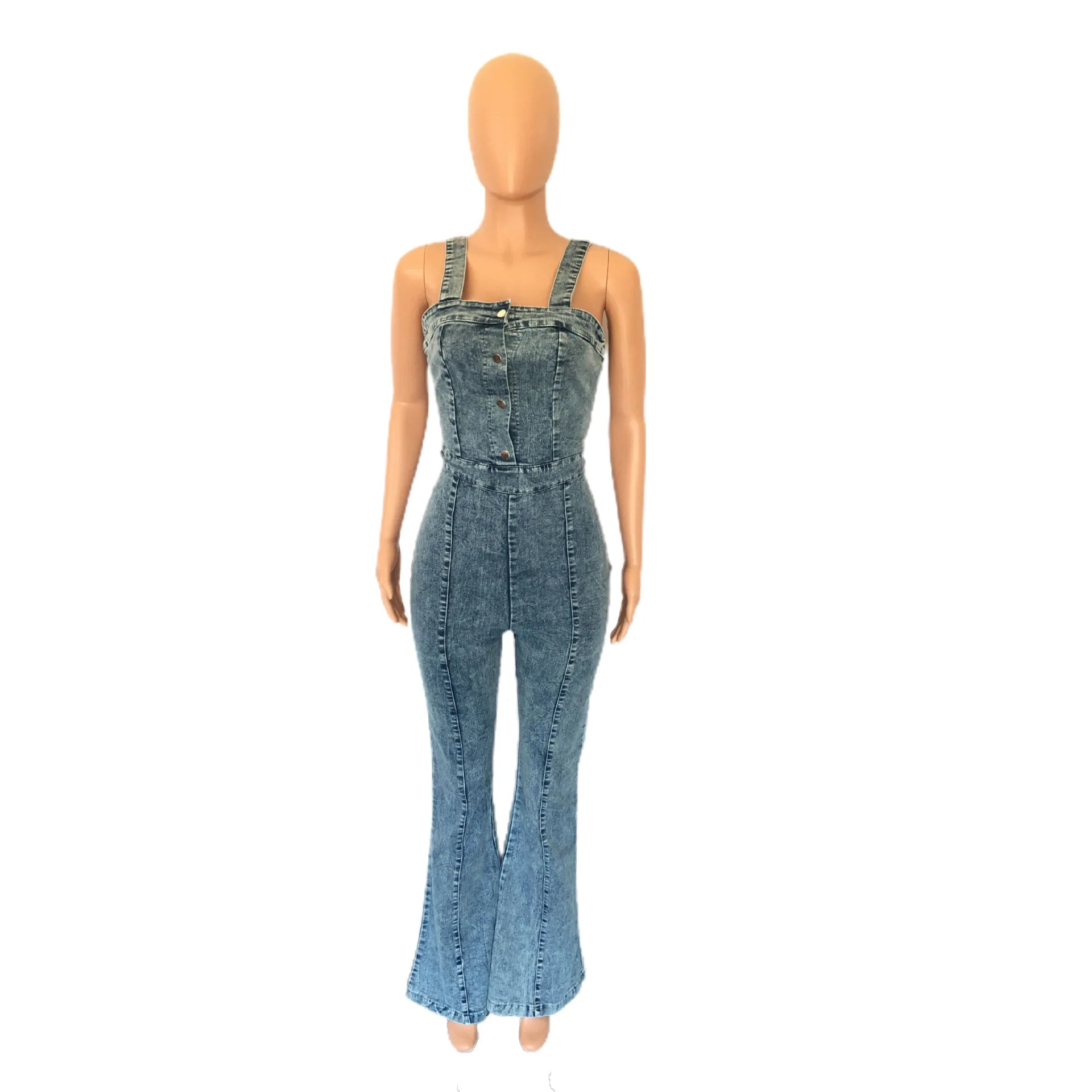 Women Jeans Rompers Sexy Overalls Jumpsuits Square Collar One Piece Solid Flare Pants Ankle Length Baics Spliced Button Aviola