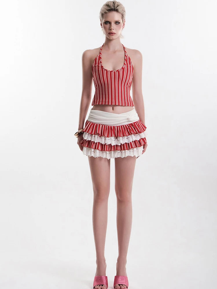 Nibber Striped Print 2-Piece Set Women Halter Bandage Backless Crop Top+Patchwork Lace Tierred Kink Skirt Sweet Beach Party Suit Aviola