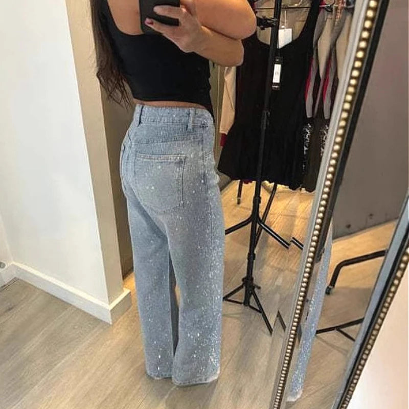 Denim Pant Women Mom Jeans Long Pants Hot Drilling Slim Fit High Waist Straight Trousers Y2k Streetwear Splice Club Party 2025 Aviola