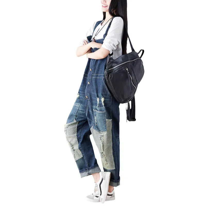 Women Jean Ripped Hole Overalls Ankle Length Denim Pants One Piece Distressed Jeans High Street Spliced Loose Washed Vintage Aviola