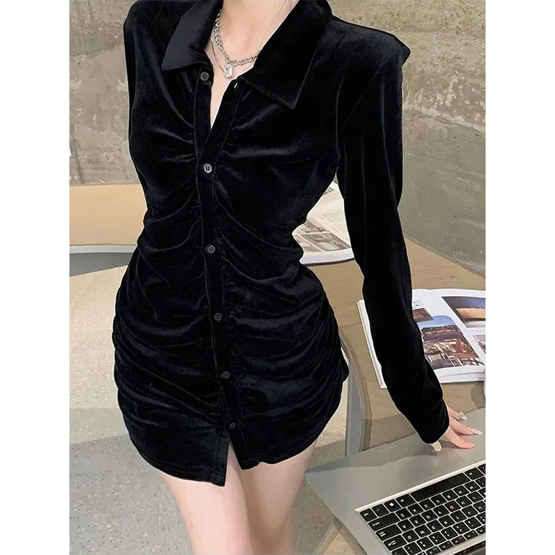 MEXZT Vintage Shirts Women Black Velvet Pleated Blouses Korean Elegant Folds Turn Down Collar Long Sleeve Slim Chic Casual Tops Aviola