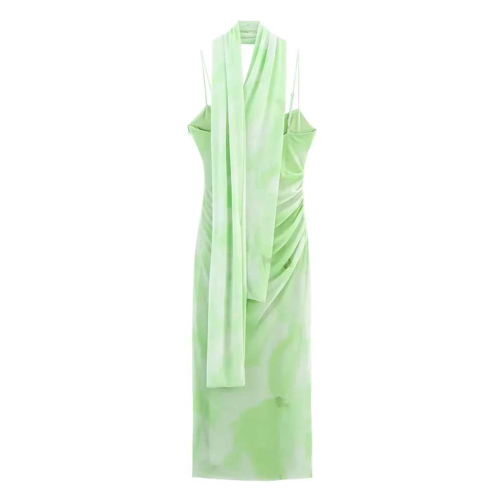 BM&MD&ZA2025V-neck pleated suspender dress summer new women's clothing seaside holiday style temperament slim long skirt Aviola