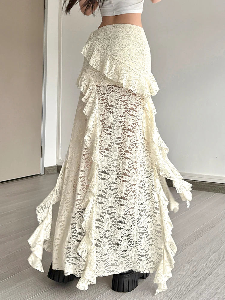 Nibber Tassels Women Skirts Irregular Hem Multi-Layered Ruffles Lace Patchwork Sweet Summer Trend Daily Skinny Versatile Bottoms Aviola