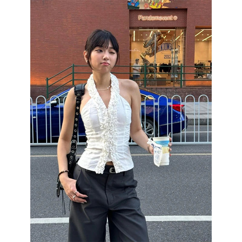 MEXZT Y2K Cropped White Shirts Women Aesthetic Sexy Halter Ruffles Blouses Summer Korean Fashion Off Shoulder Slim Design Tops Aviola