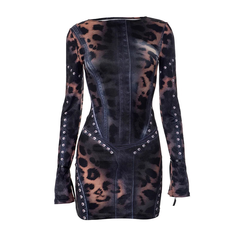 Nibber Leopard Print Women Dress Rivet Frenulum Gradient Long Sleeves Skinny Midnight American Retro Rock Style Mini Bodycon Aviola