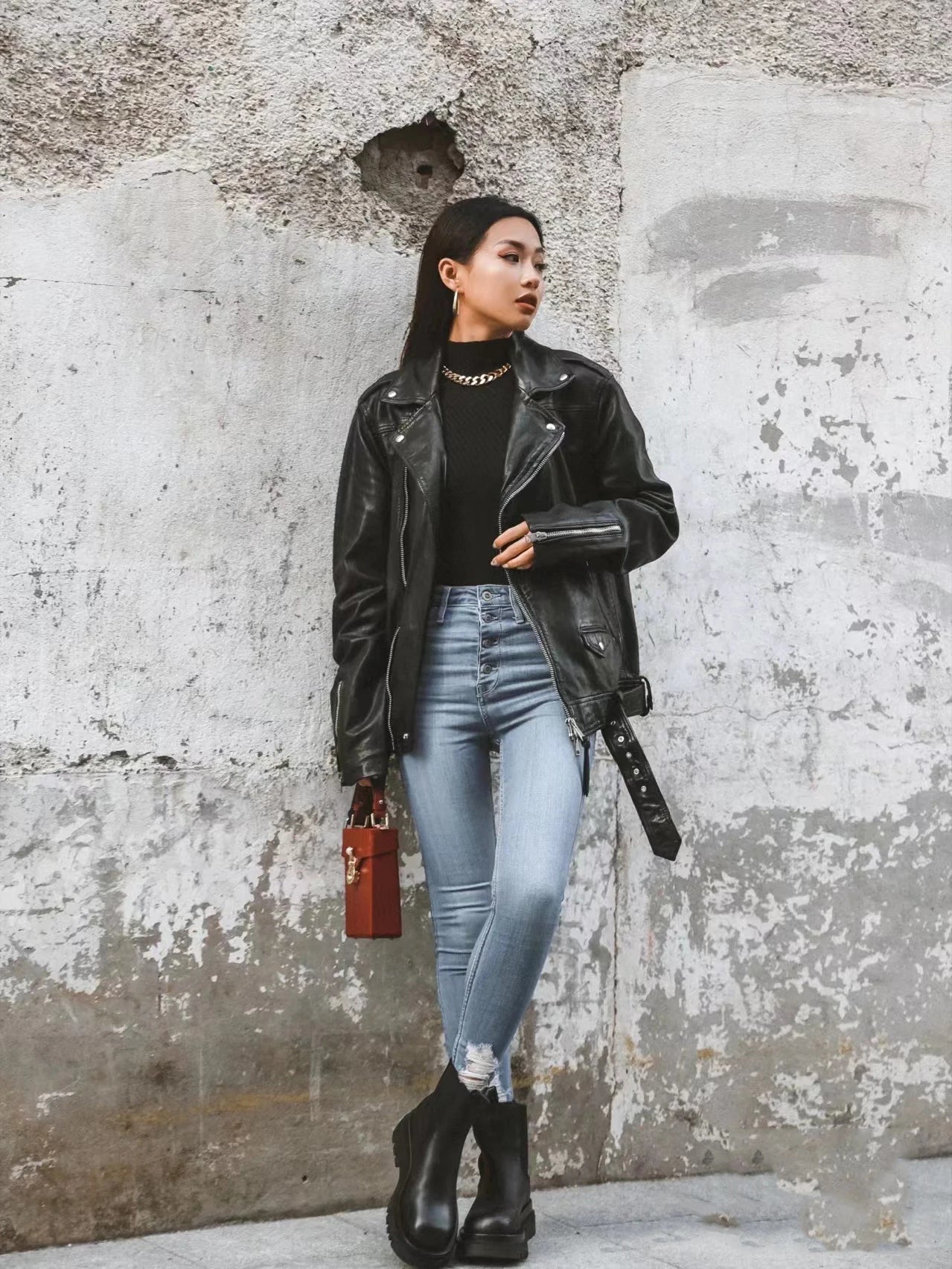 RARF  New 2024 Women's motorcycle leather PU imitation leather loose jacket black jacket Aviola