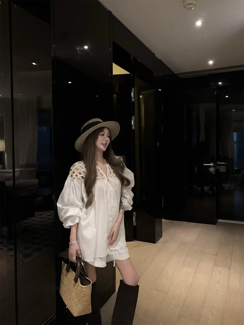 MEXZT Vintage White Shirts Women Streetwear Hollow Out Oversized Blouses Summer Ladies Korean Lantern Long Sleeve Casual Tops Aviola