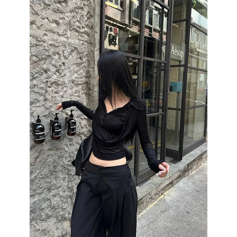 MEXZT Y2K Coquette Black T Shirts Women Sexy Cropped V Neck Sheer Tops Gyaru Aesthetic Korean Fake Two Piece Long Sleeve Tees Aviola
