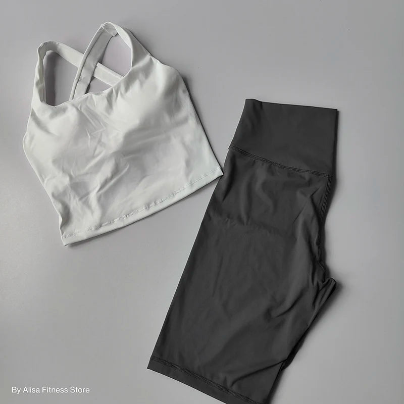 2PCS  Women Yoga Set Workout Sports Bra Set Sportswear Gym Clothing Fitness Long Sleeve Crop Top High Waist Shorts Sports Suits Aviola