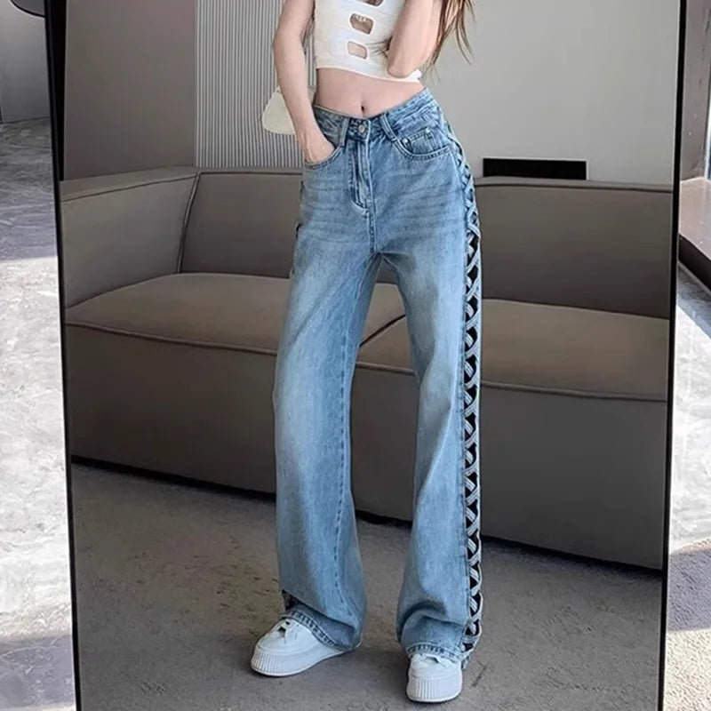 Women Casual Mom Jeans Hollow Out High Waist Trousers Button Zipper Wide Leg Pant Office Lady Loose Spring Club Y2k Streetwear Aviola