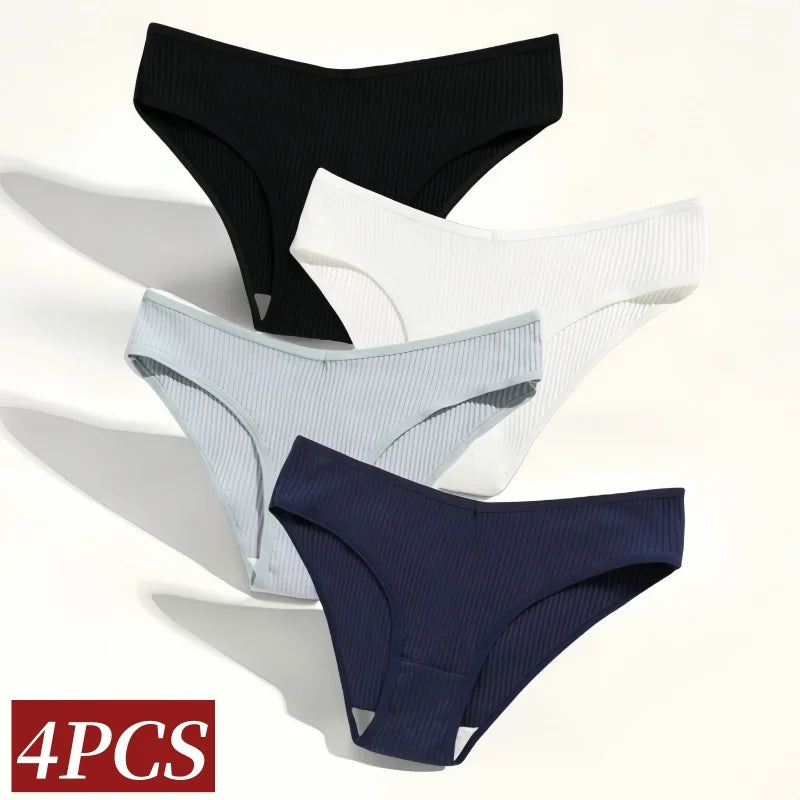 4Pcs/Set Seamless Panties Cotton Briefs Low Waist Bikini Panty Sports Underwear Breathable Solid Color Ribbed Underpants Aviola