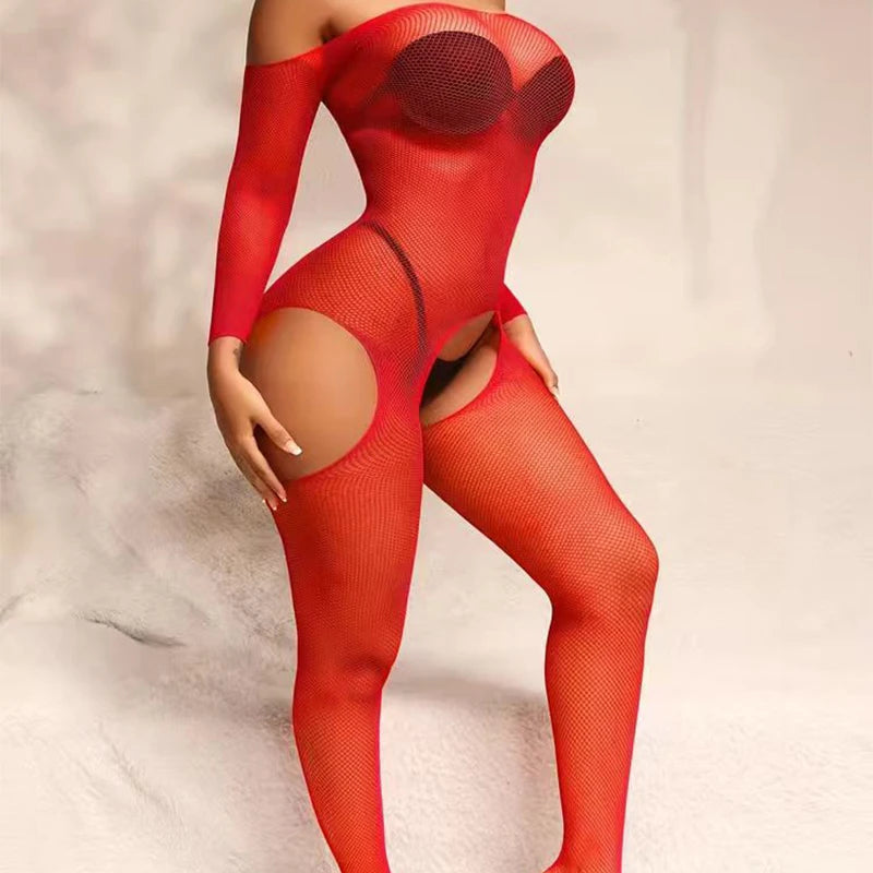 One Pieces Lingerie Women Mesh Hollow Bra Sets Erotic Costumes Fishnet Crotchless Long Sleeve Bodystockings Sexy Underwear Set Aviola