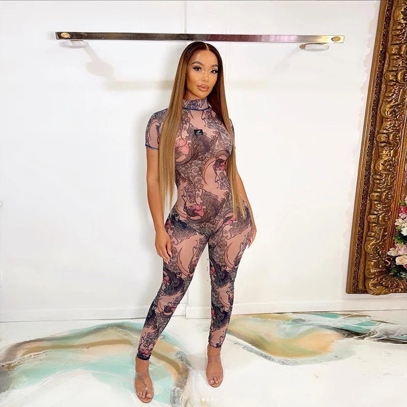 NIBBER Summer Women Round Neck Fashion Printing Short Sleeve Jumpsuit Body Shaper Jumpsuit Street Casual Spice Girl Clothing Aviola