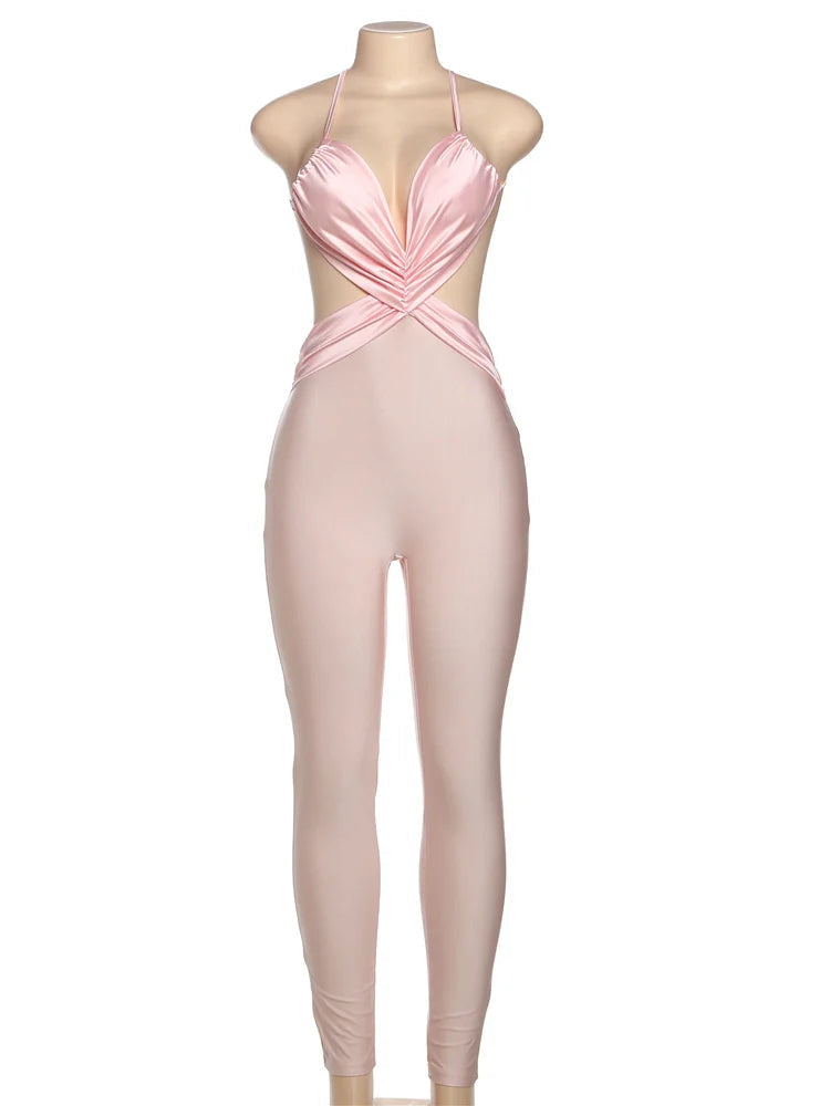 Nibber Slim Sexy Backless Jumpsuit Women Sleeveless Cross Ruched Wrap Straps Midnight Coquette Workout Activity Fitness Overalls Aviola