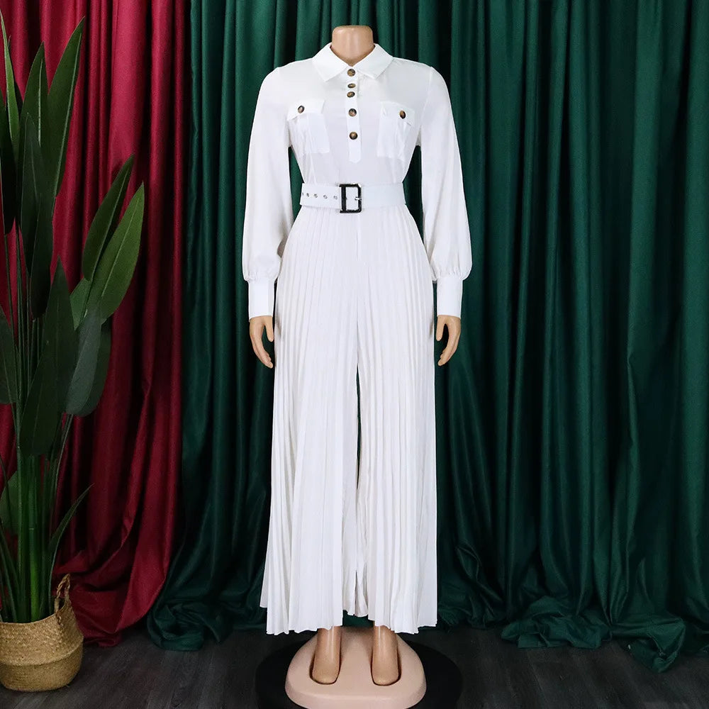 pleated Jumpsuits Women Single Breasted Long Sleeve Rompers Overalls Wide Leg Pants Spliced Sashes Slim Fit One Piece Button Aviola