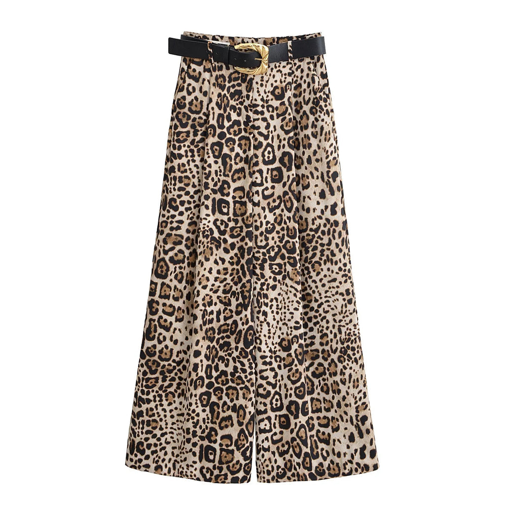 UNIZERA Leopard Satin with Belt High Waisted Trousers Wide Leg Pants Women's Clothing 2025 Summer New Arrivals Casual Pants Aviola