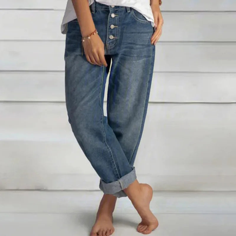 Women Jeans Solid Color Straight Pants Zipper Fly Flat Pockets Streetwear Loose Fit Mid Waist Patchwork Button Autumn 2023 Aviola