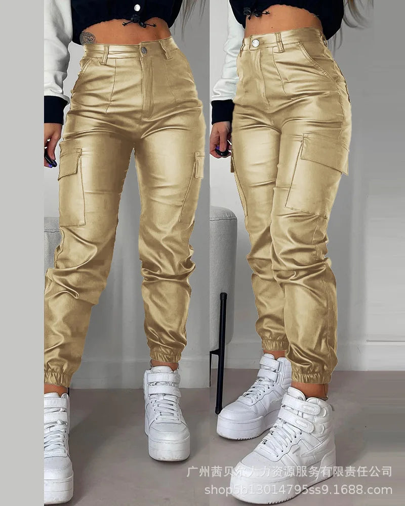 2023 Women Leather Pants Pencil Multiple Pockets Tight Pu Pants Solid Color Button Classic Leather Slim Trousers Female Autumn Aviola