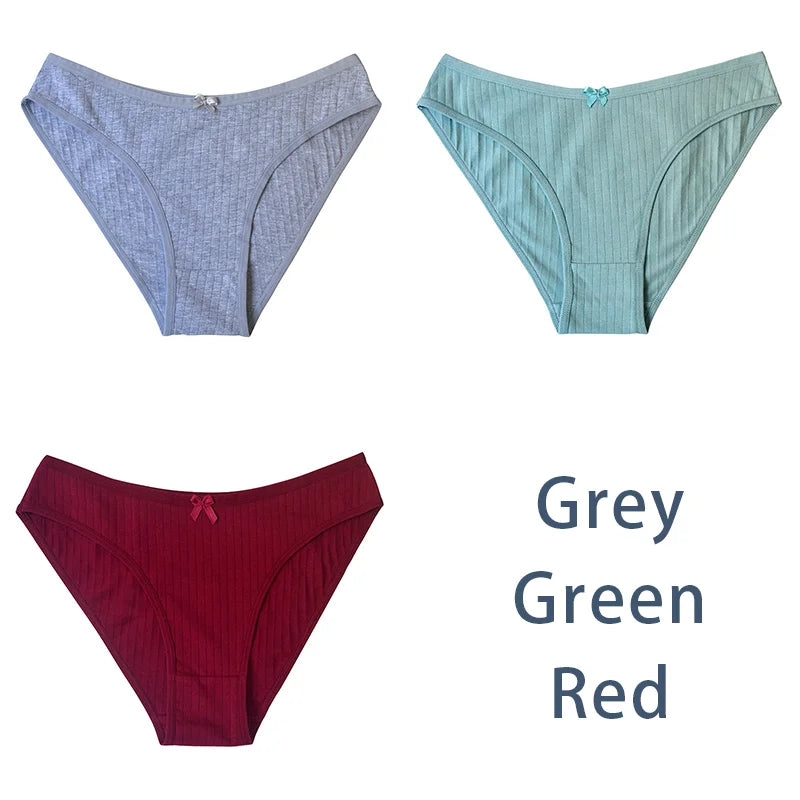 3PCS/Set Women Cotton Panties Sexy Classic Underwear Low Rise Female Rib Underpants Girls Comfort Briefs Bow Lingerie Aviola