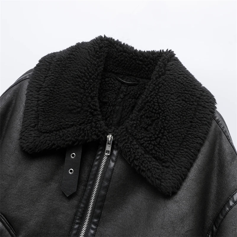 RARF 2024 women's new autumn fur one black double-sided motorcycle jacket jacket thickened women's thermal top Aviola