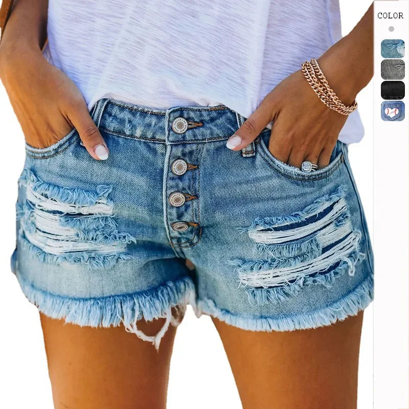 Ripped Vintage Denim Women Jeans Shorts Washed Tassel Button High Waist Holes Spliced Summer Pockets Distressed 2025 Basics Aviola