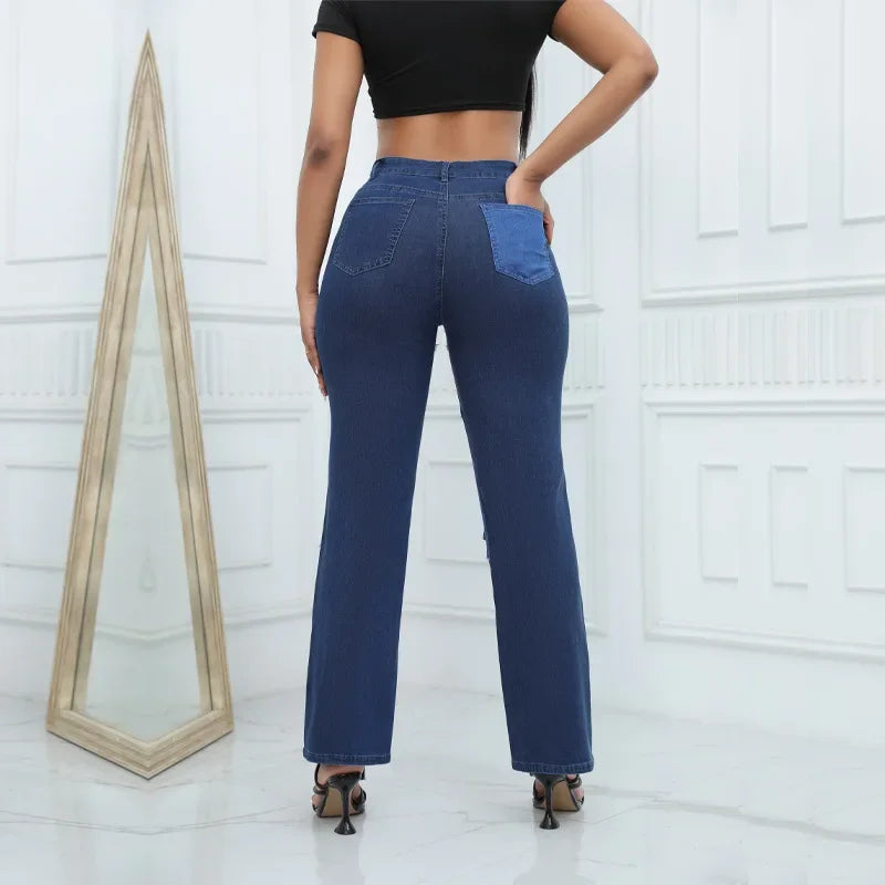 Women Straight Jeans Denim Wide Leg Pants Patchwork High Waist Pockets Button 2025 Autumn Vintage Trousers Strecth Denims Aviola