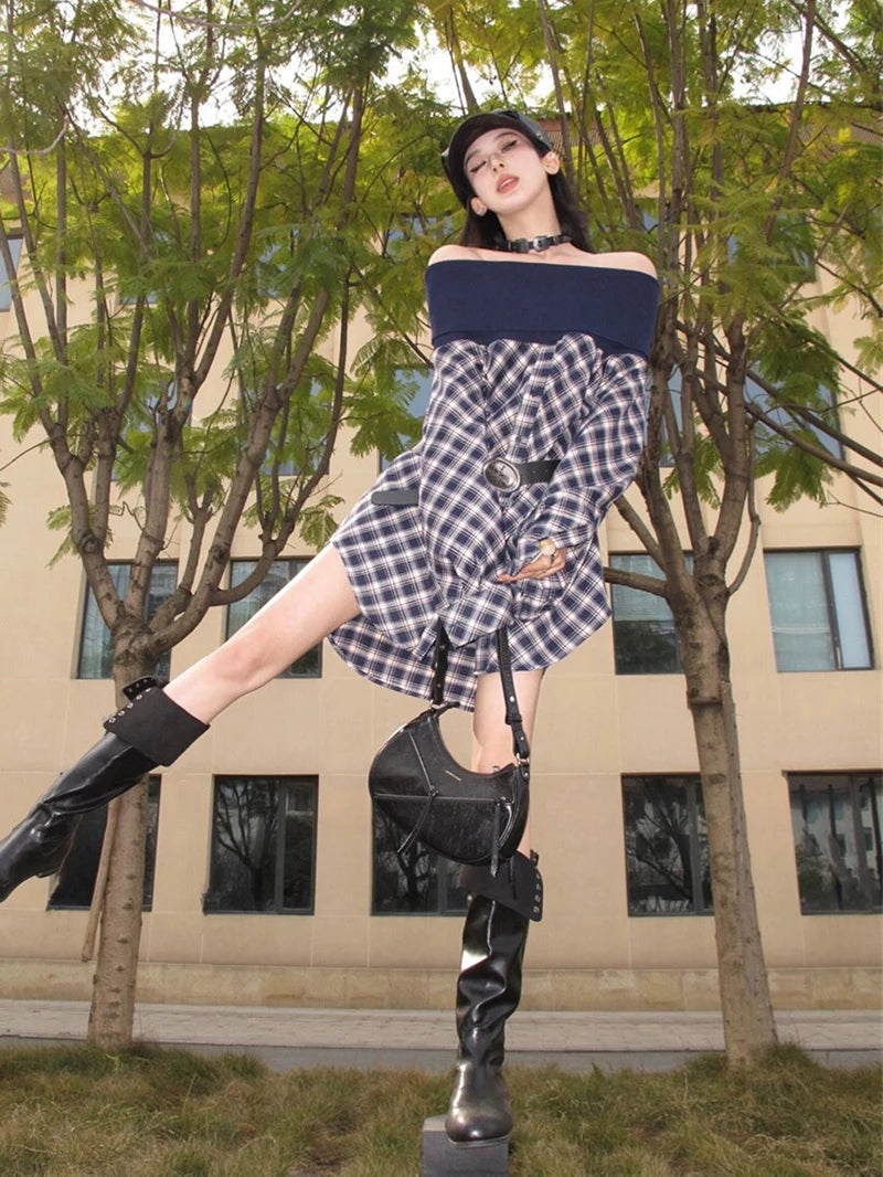 MEXZT Vintage Plaid Shirts Women Y2K Harajuku Sexy Slash Neck Patchwork Blouses Gyaru Korean Long Sleeve Casual Design Tops New Aviola
