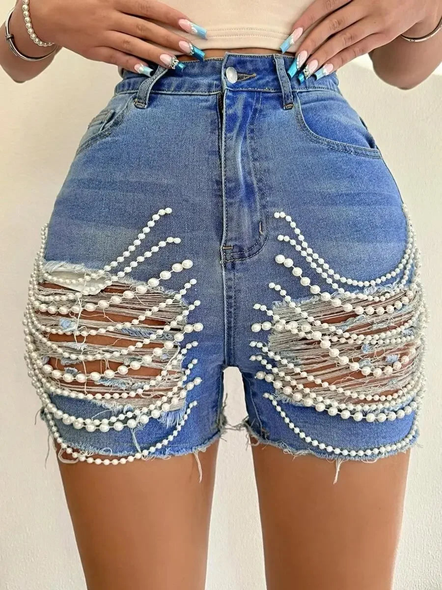 Denim Shorts Women Hole Jeans Ripped Pearl Chain Pockets Sexy Mom Vintgae Party Short Pants High Waist Denims Streetwear 2025 Aviola