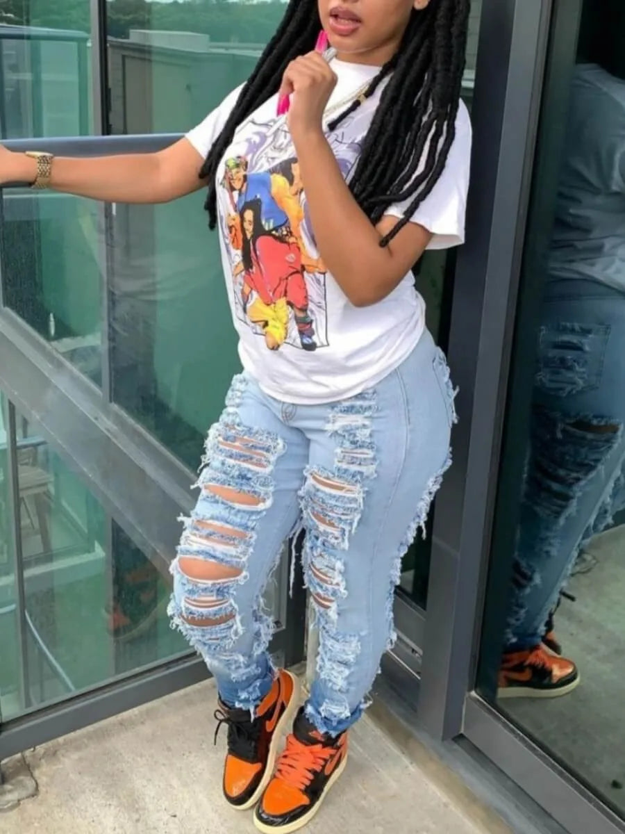 Jeans Ankle Length Women Pencil Denim Hole Pants Ripped Pockets High Waist Jean Skinny Streetwear Button Washed Distressed Aviola