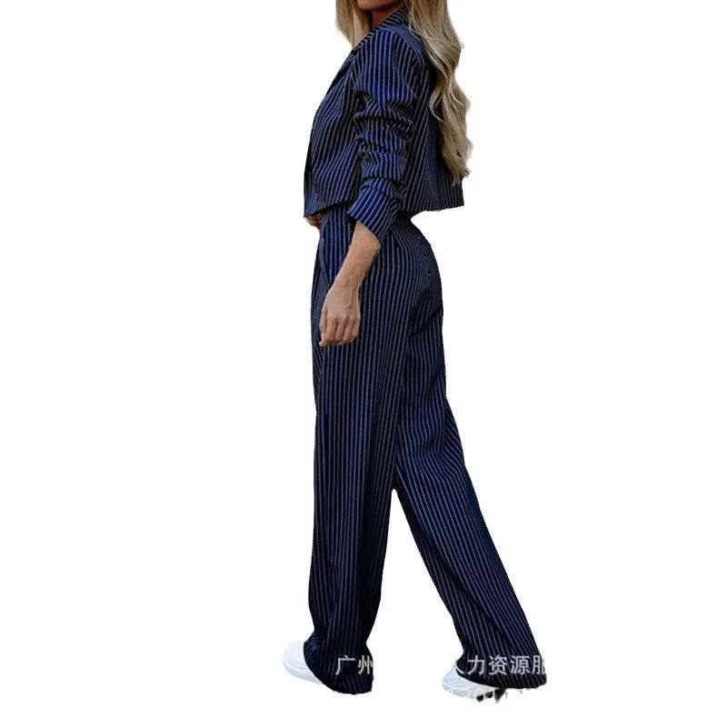 Women Tracksuit Two Pieces Set Long Sleeve Turn Down Collar Cardigan Wide Leg Pants Loose Fit Pockets Striped Office Lady Aviola