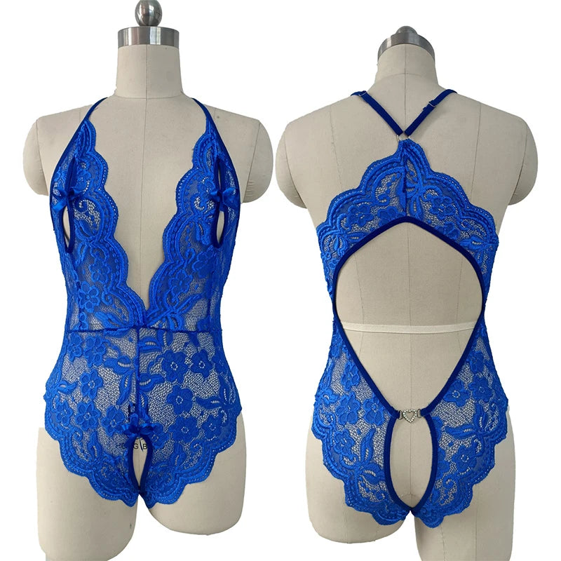 Porno Crotchless Underwear For Women Lace Cutout Transparent Teddy Erotic Costumes Sexy Lingerie Deep V Open Bra Baby Doll Dress Aviola