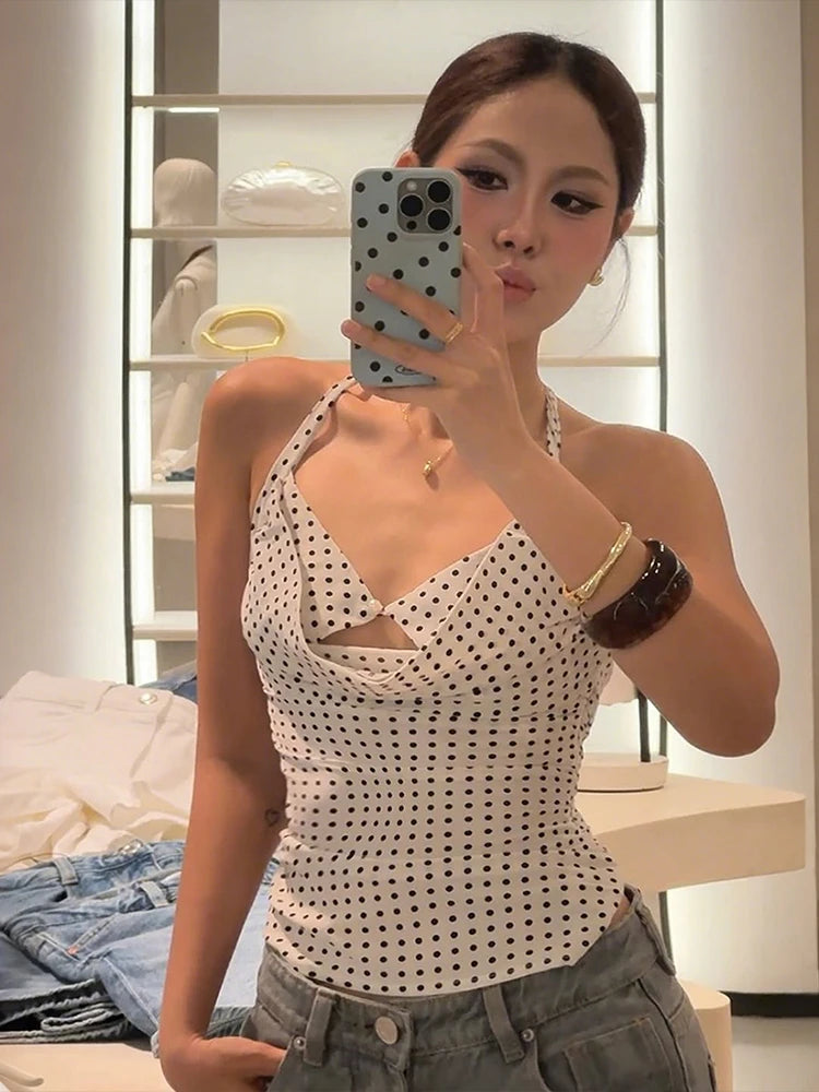 Nibber Hollow Vest Women Bandage Backless v-Neck Skinny Polka Dot Print Folds Sexy Midnight Daily Street Fashion Party Tops Aviola